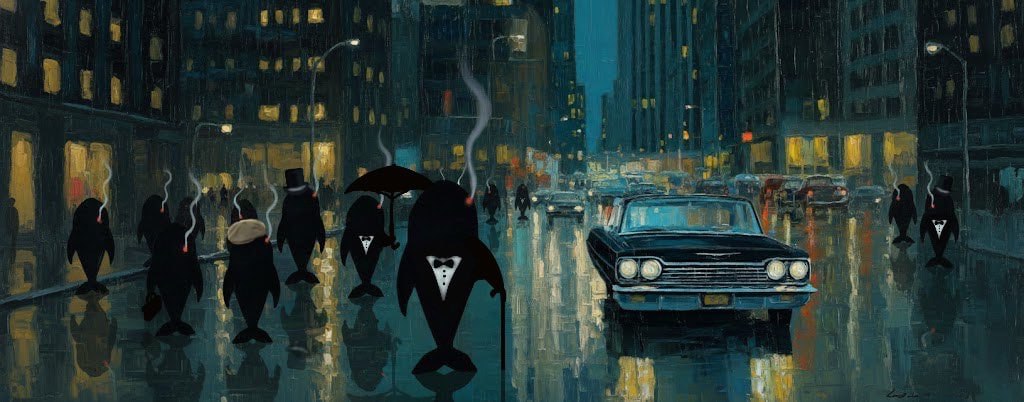 Silhouetted whales in trenchcoats on a rain-soaked street