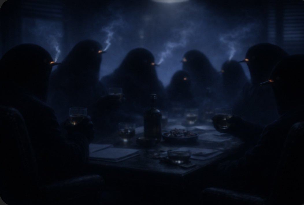 A shadowed table of trenchcoated whales sharing smoke and silence